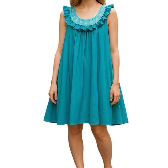 Vintage Nylon Ruffle Baby Doll Blue Sleeveless Nightgown 70's Style - Picture 1 of 9